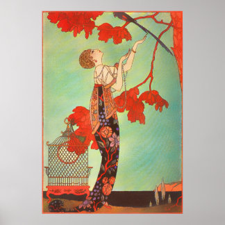Affiche Joli Art Nouveau français Cage à oiseaux perroquet
