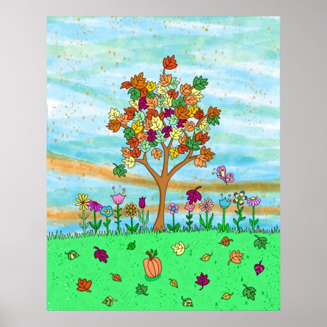 Affiche Joli Art populaire Whimsical Autumn Tree Feuilles  (Devant)