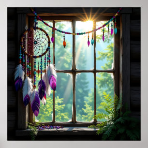 Affiche Joli attrape-rêves boho violet dans la fenêtre