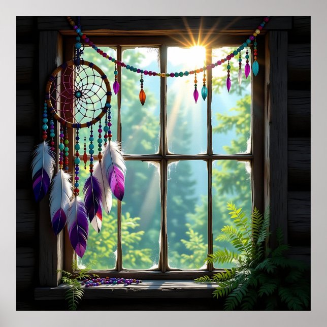 Affiche Joli attrape-rêves boho violet dans la fenêtre   (Devant)