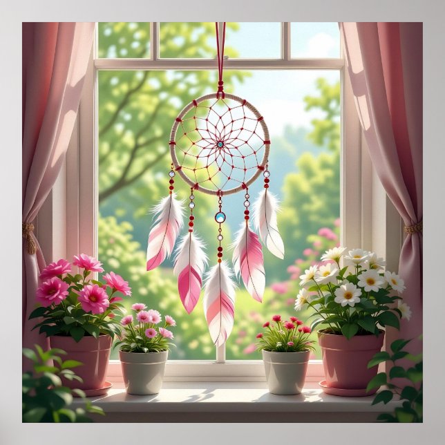 Affiche Joli attrape-rêves rose et plantes sur l'appui de  (Devant)
