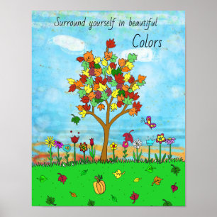 Affiche Joli automne Feuilles Automne Arbre Folk Art