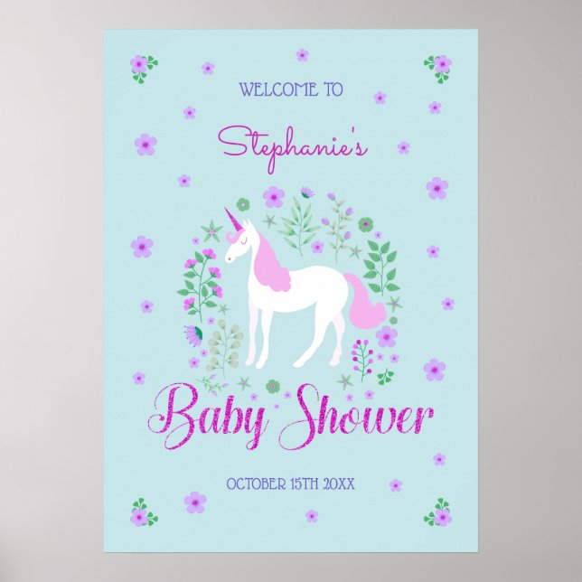 Affiche Joli Baby shower Aqua rose Unicorne Personnalisé (Devant)