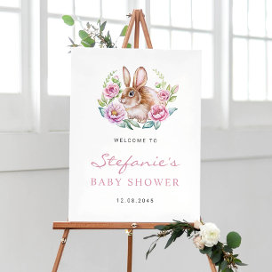 Affiche Joli Baby shower de lapin et de fleurs roses en Wa