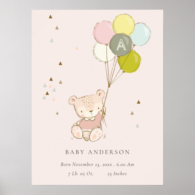 Affiche Joli ballon ours rose monogramme bébé fille (Devant)