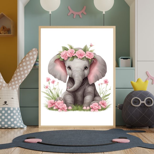 Affiche Joli bébé éléphant fleurs roses nurserie (Cute Adorable Baby Elephant with Pink Flowers on head Nursery Wall Art Wall Decor Poster Print)