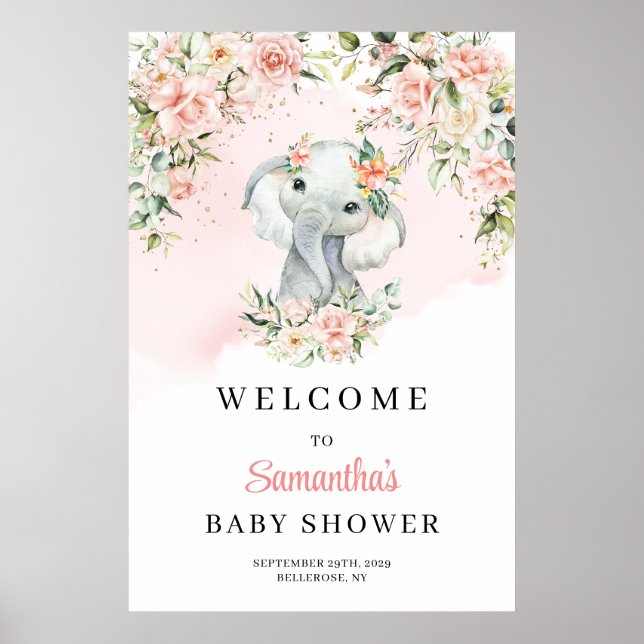 Affiche Joli bébé éléphant rougissant Baby shower fille Bi (Devant)