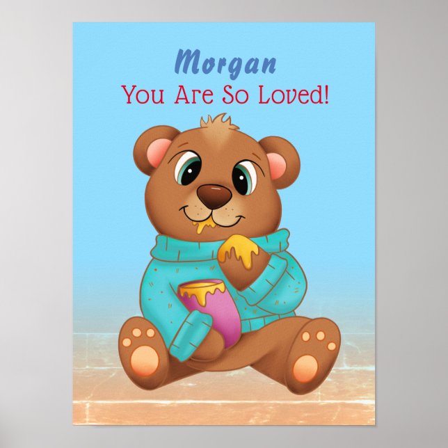 Affiche Joli bébé ours mangeant du miel Nom de l'enfant &  (Devant)