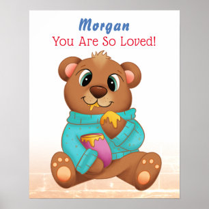 Affiche Joli bébé ours mangeant du miel Nom de l'enfant &