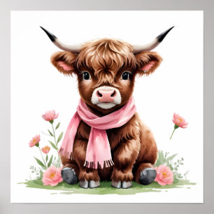 Affiche Joli bébé vache des Highlands avec des fleurs