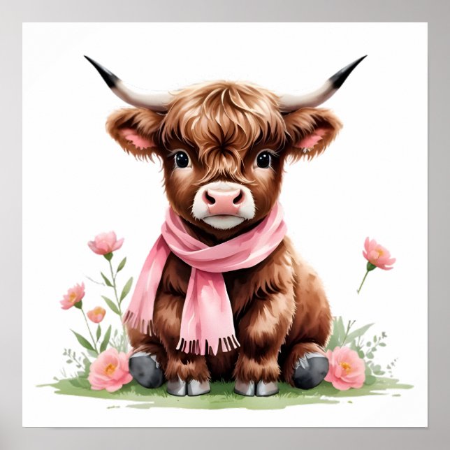Affiche Joli bébé vache des Highlands avec des fleurs (Devant)