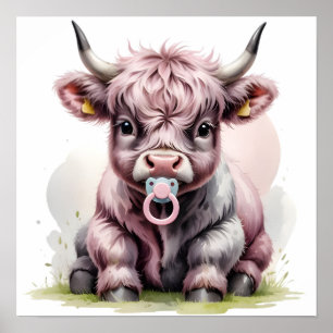 Affiche Joli bébé vache des Highlands avec des fleurs – Nu