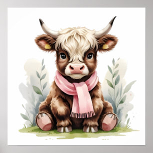 Affiche Joli bébé vache des Highlands avec des fleurs – Nu