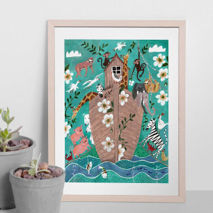 Affiche Joli bleu turquoise enfant arche de Noé enfants