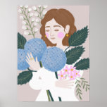 Affiche Joli Blue Green Girly Floral Illustration<br><div class="desc">Un joli imprimé d'art féminin pour la maison,  avec un bouquet de fleurs bleues et violettes et des hydrangées. Conforme aux tons neutres.</div>