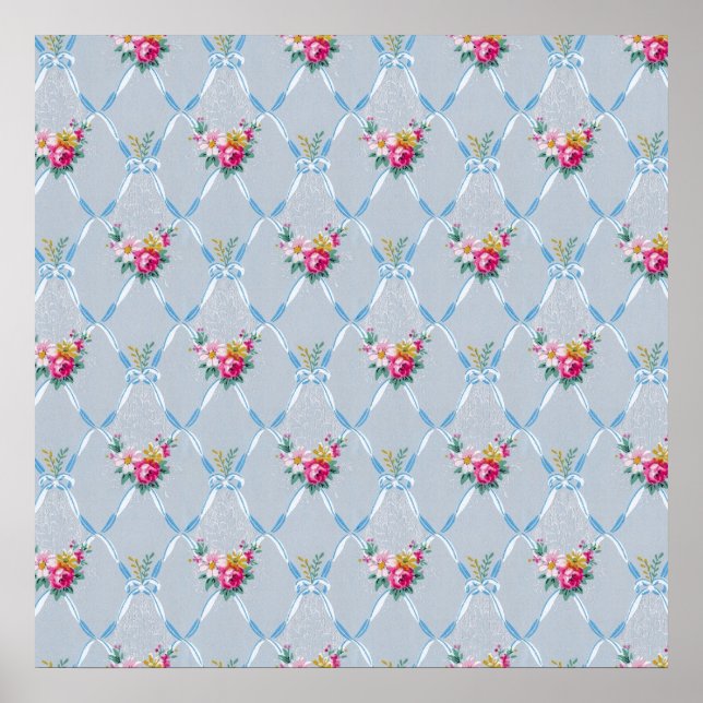 Affiche Joli Bons Bleus Rose Floral Vintage Papier peint (Devant)