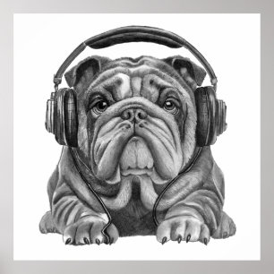 Affiche Joli bouledogue anglais avec casque audio