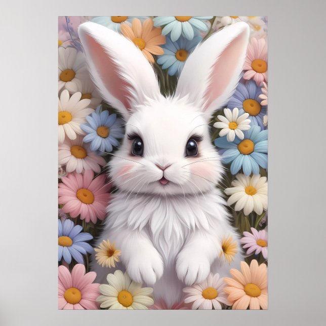 Affiche Joli Bunny Blanc Pastel Fleurs De Marguerite (Devant)