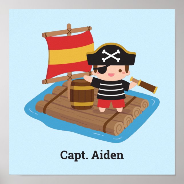Affiche Joli capitaine pirate garçon océan radeau chambre  (Devant)