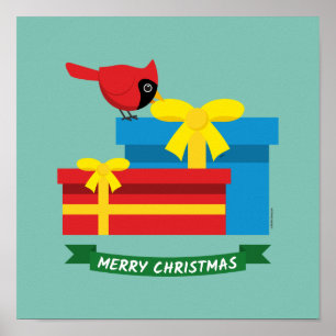 Affiche Joli Cardinal Rouge Ouvrant Un Cadeau Bleu