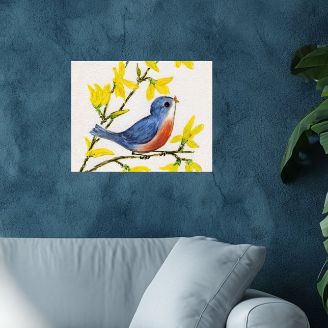 Affiche Joli Chanteur Oiseau Bleu Arbre (Pretty singing blue red bird in tree yellow flowers on faux textured white wall poster.)