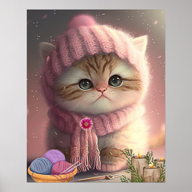 Affiche Joli Chat au Chapeau Tricoté Rose et Écharpe en Fi (Devant)