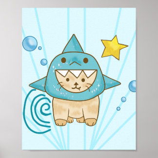 Affiche Joli chat beige en costume de requin thème mer aqu