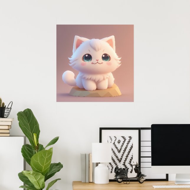 Affiche Joli Chat Blanc Fluffy aux Grands Yeux (Bureau à domicile)