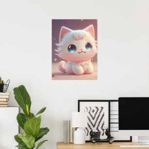 Affiche Joli Chat Blanc Kawaii Douillet