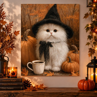 Affiche Joli chat blanc sorcière d'Halloween avec tasse à