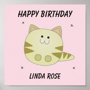 Affiche Joli chat brun motif rose joyeux anniversaire
