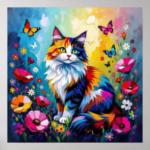 Affiche Joli Chat Coloré Impasto et Fleurs