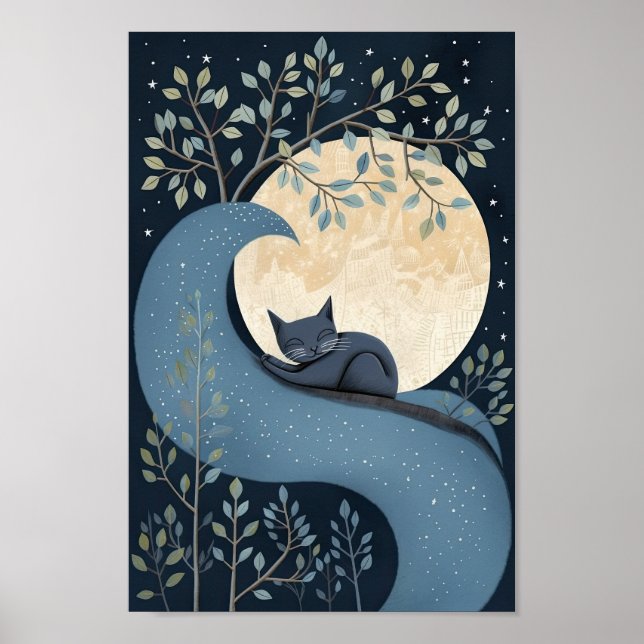 Affiche Joli chat dormant sous la Lune et les Étoiles. (Devant)