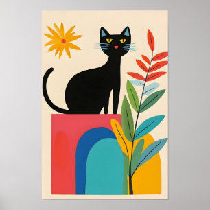 Affiche Joli chat noir avec fleur colorée