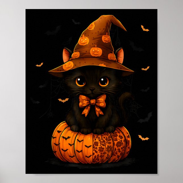 Affiche Joli Chat Noir Citrouille Saison Automne (Devant)