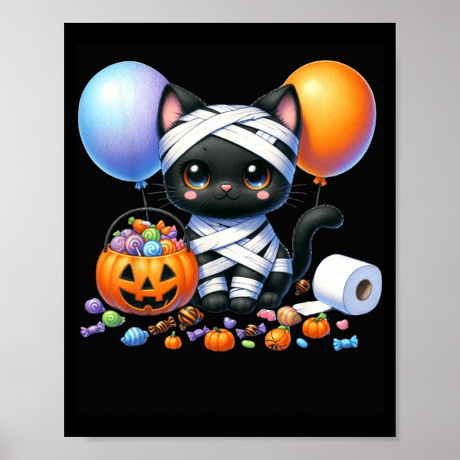Affiche Joli chat noir d'Halloween Citrouille Friandise ou (Devant)
