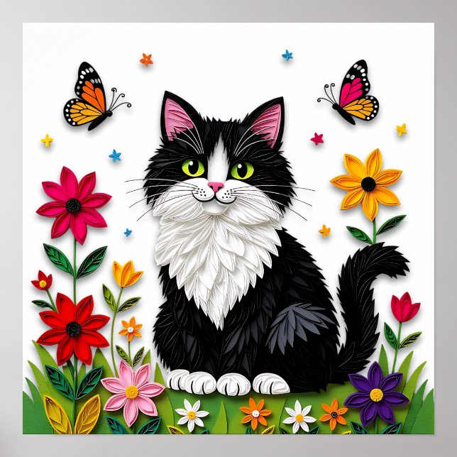 Affiche Joli chat noir et blanc, fleurs et papillons (Devant)