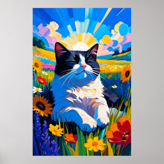 Affiche Joli chat noir et blanc se reposant dans une prair