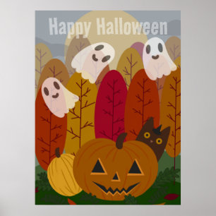 Affiche Joli chat noir et fantômes d'Halloween Citrouille