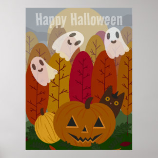 Affiche Joli chat noir et fantômes d'Halloween Citrouille
