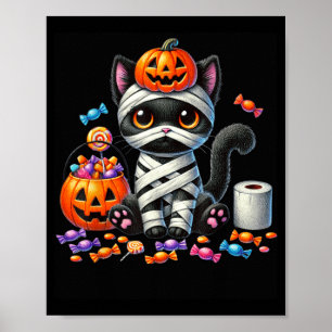 Affiche Joli chat noir Halloween citrouille friandise ou f