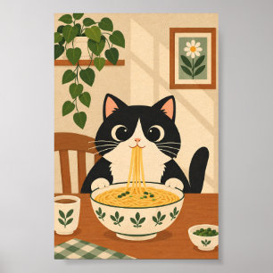 Affiche Joli Chat Noir Mangeant des Ramen – Vieux Japonais