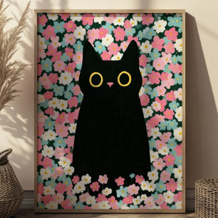 Affiche Joli Chat Noir Parmi les Marguerites Colorées Anim