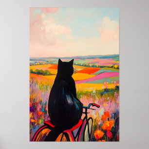 Affiche Joli chat noir profitant de la nature avec bicycle