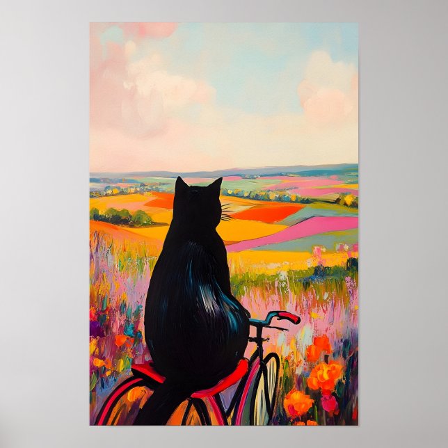 Affiche Joli chat noir profitant de la nature avec bicycle (Devant)