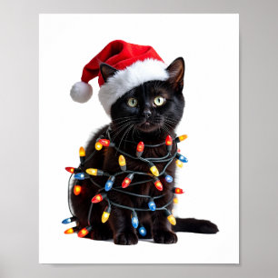 Affiche Joli Chat Noir Santa Lumières de Noël Miaou Kitty
