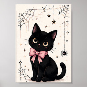 Affiche Joli Chat Noir Toile d'Araignée Arc Rose