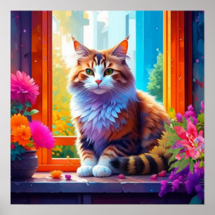 Affiche Joli chat orange et blanc assis dans une fenêtre d