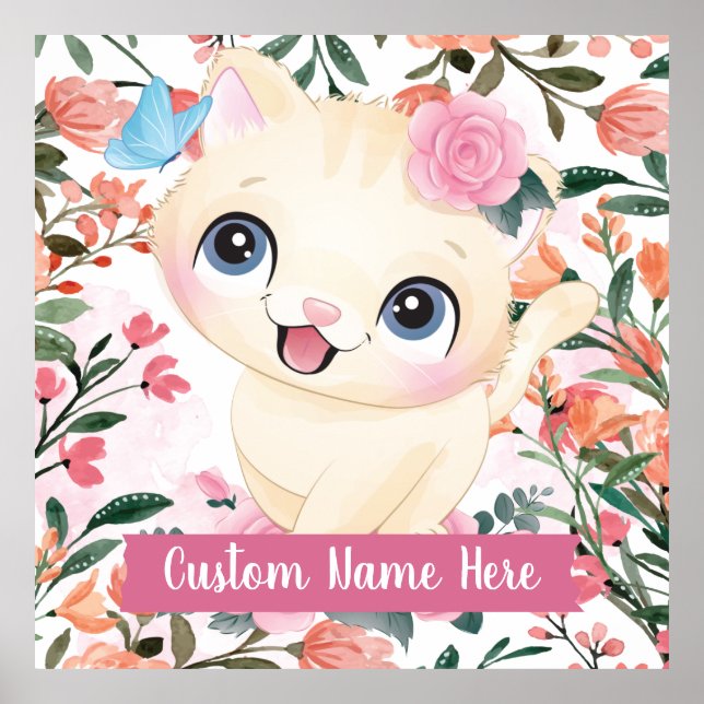 Affiche Joli Chat Roses Roses Blush Fleurs Nom Personnalis (Devant)