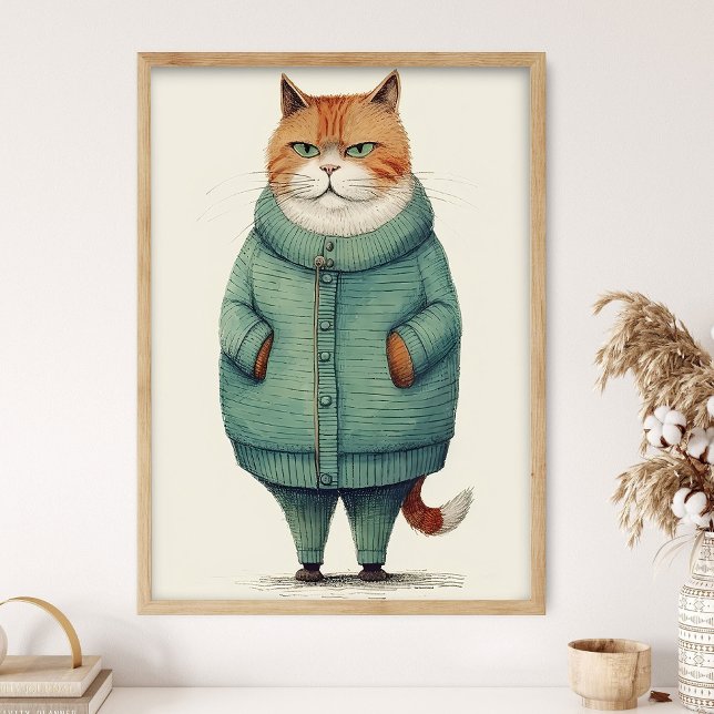 Affiche Joli Chat Roux En Pull Vert, Chat Drôle De (Créateur téléchargé)
